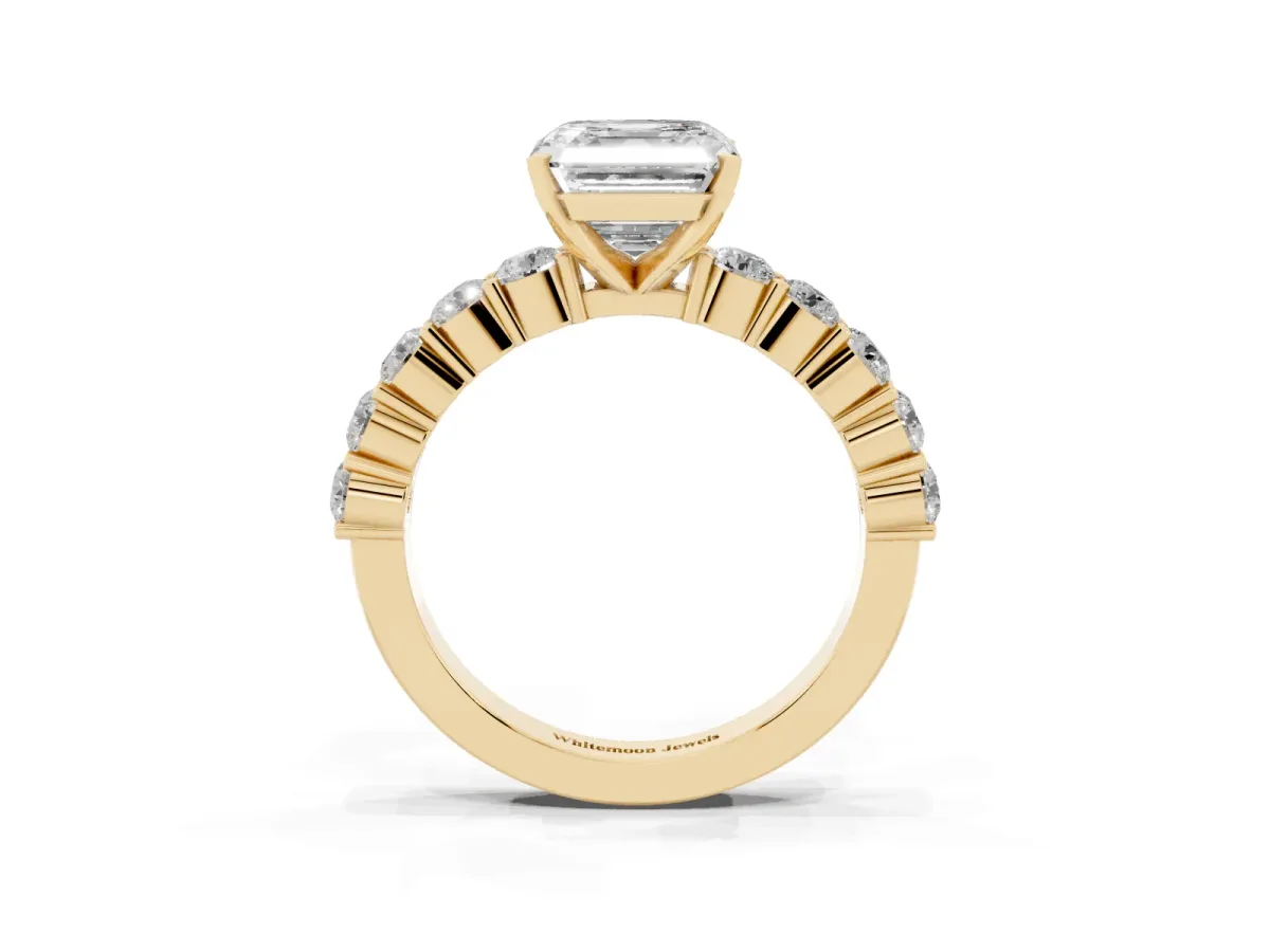 Asscher Cut Diamond Solitaire Ring with Shared Prong Round Side Stones Yellow gold