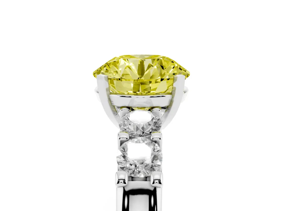 Fancy Yellow Round Cut Brilliant Cut Diamond Five-Stone Prong Set Engagement Ring with Channel Band Silver