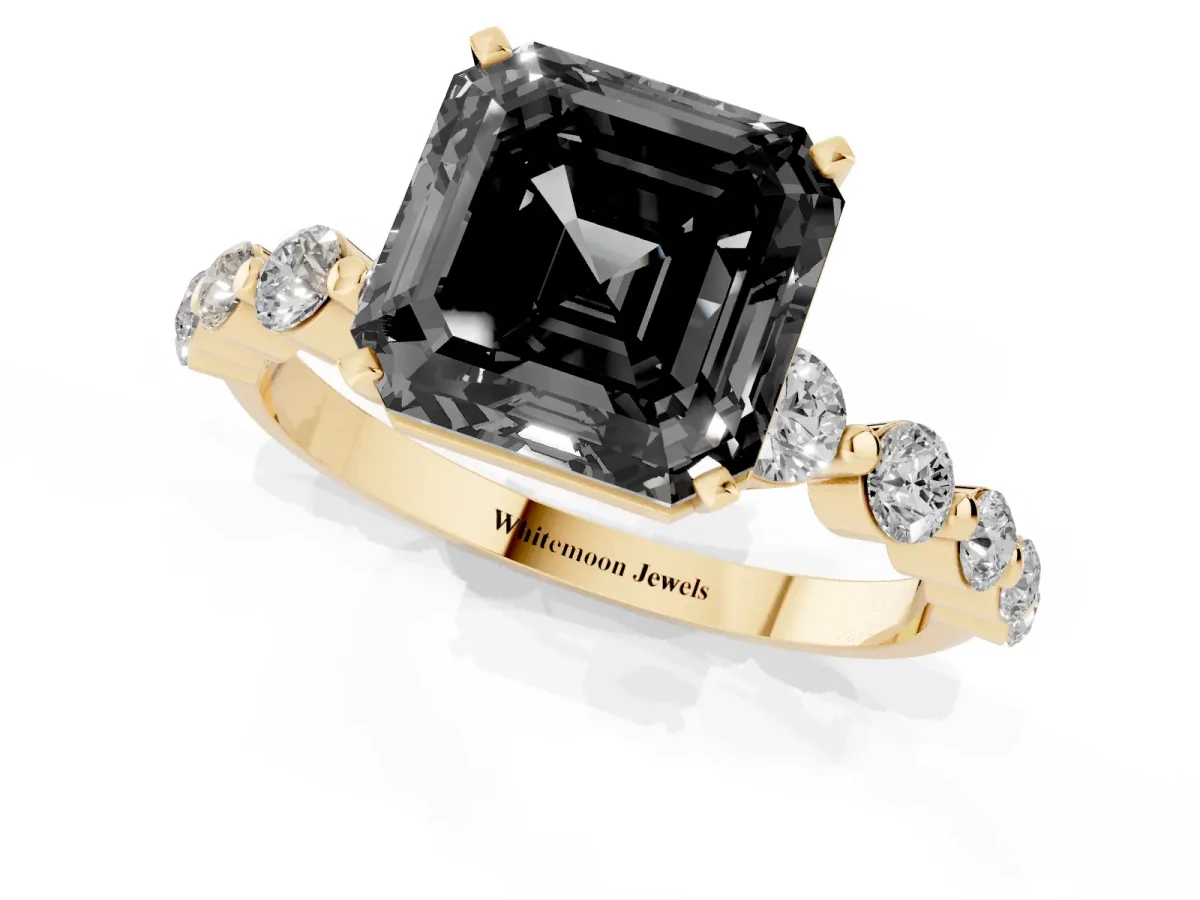Fancy Black Asscher Cut Solitaire Diamond Ring with Pave Band and Four-Prong Setting Yellow gold