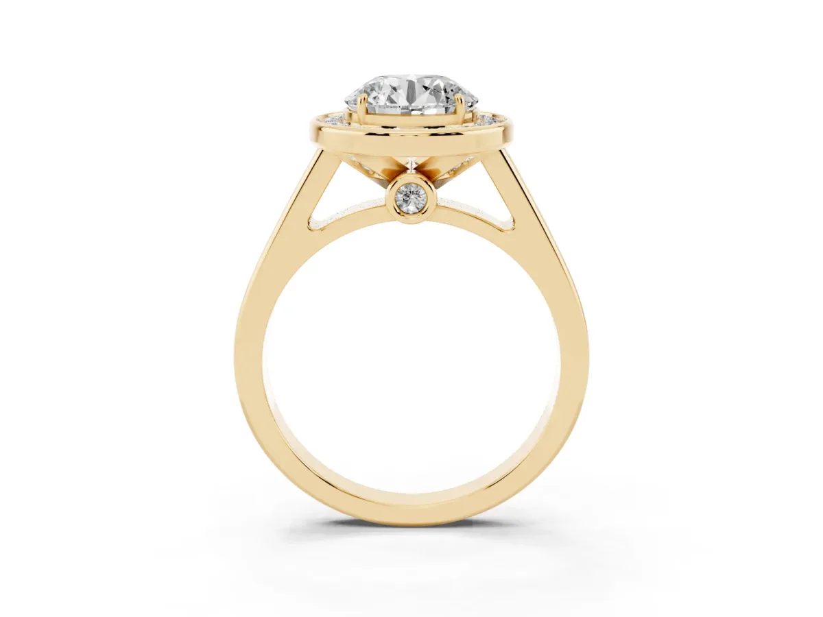 Round Cut Halo Solitaire Diamond Ring with Pave Band and Bezel Setting Yellow gold