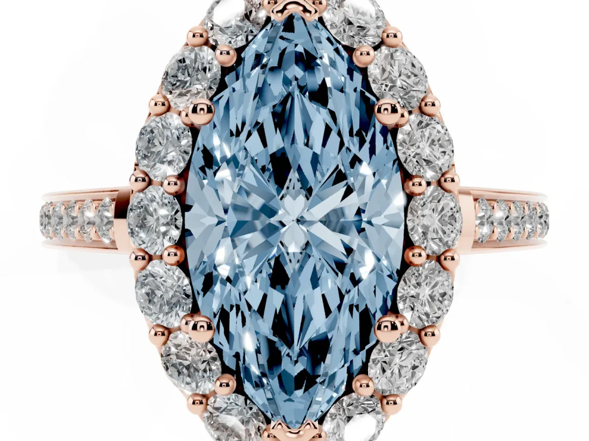 Fancy Blue Marquise Cut Diamond Floral Halo Ring with Pavé Band and Prong Setting Rose gold