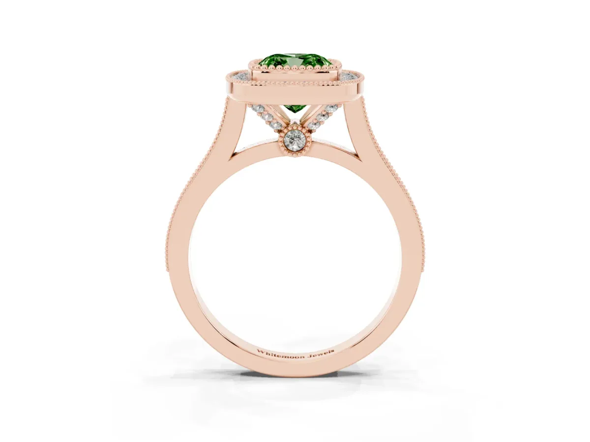 Fancy Green Cushion Cut Diamond Halo Ring with Milgrain Frame and Pavé Band Rose gold