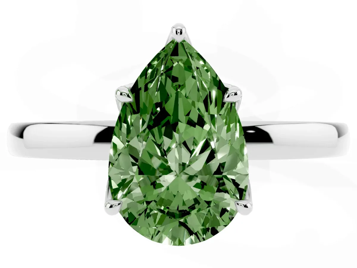 Fancy Green Pear Cut Diamond Solitaire Ring with Thin Band and Prong Setting White gold
