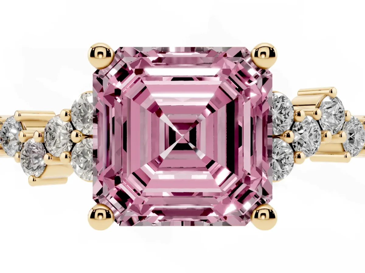 Fancy Pink Asscher Cut Diamond Scattered Round Accent Ring with Prong Setting Yellow gold
