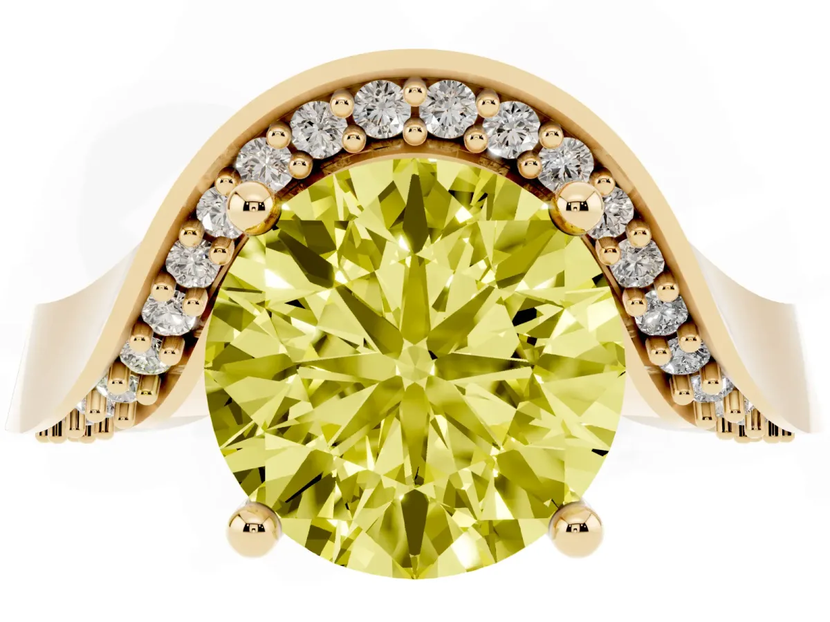 Fancy Yellow Round Cut Solitaire Diamond Engagement Ring with Pave Band and Four-Prong Setting Yellow gold
