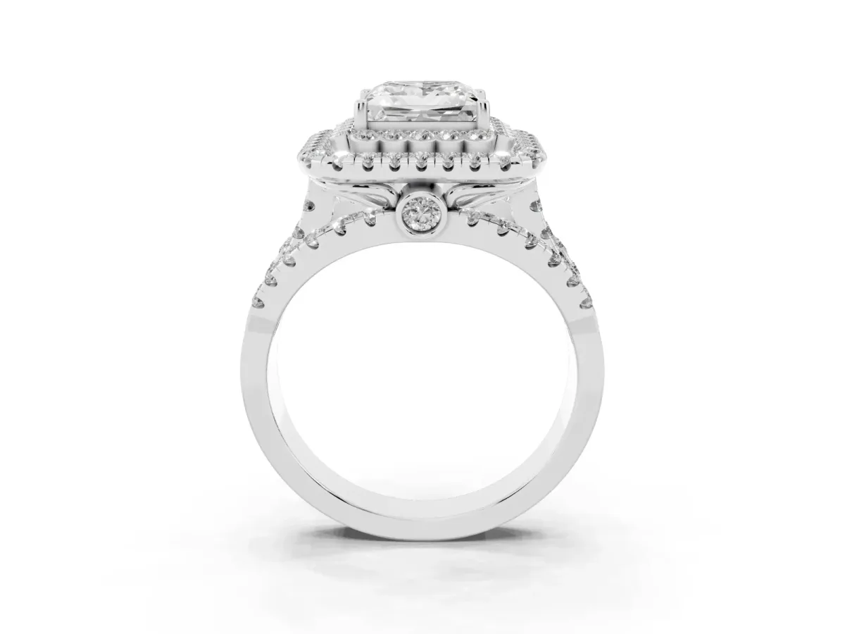 Princess Cut Diamond Double Halo Ring with Round Pavé Split Shank and Prong Setting Silver