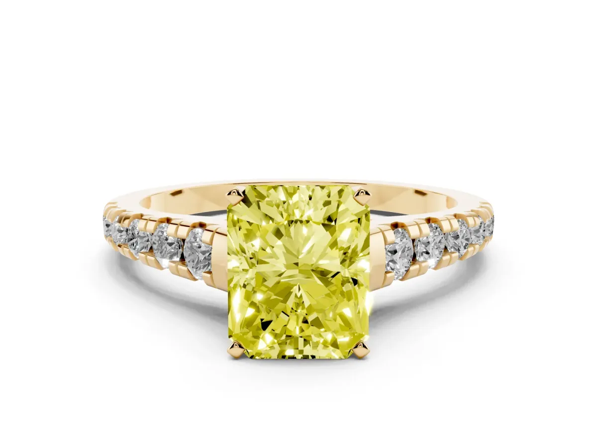 Fancy Yellow Radiant Cut Diamond Cathedral Solitaire Ring with Round Pavé Band Yellow gold