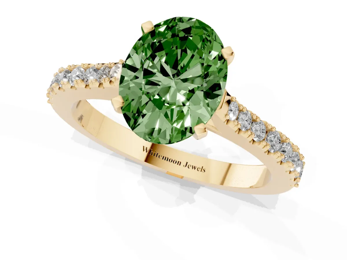 Fancy Green Oval Cut Cut Solitaire Diamond Engagement Ring with Pave Band and Four-Prong Setting Yellow gold