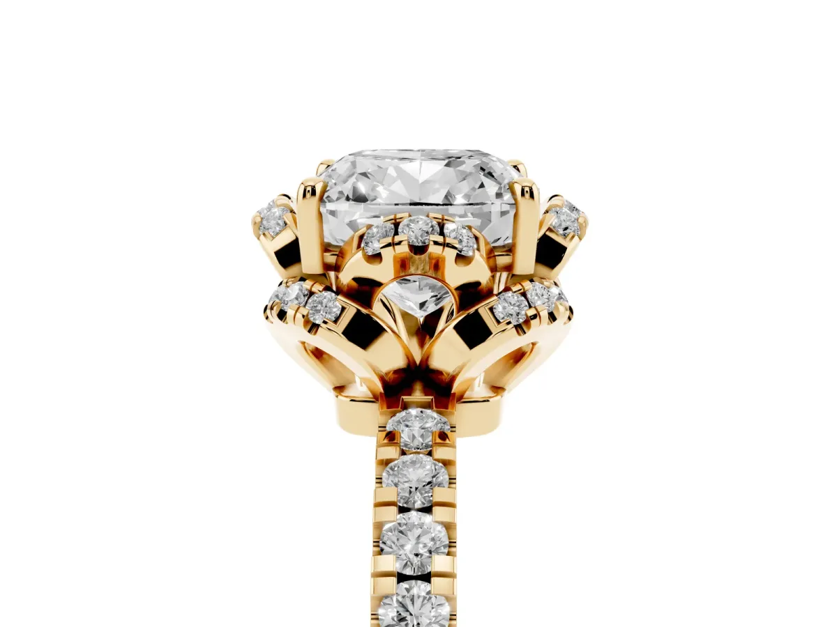 Cushion Cut Halo Diamond Pave Band Ring with Four-Prong Setting Yellow gold