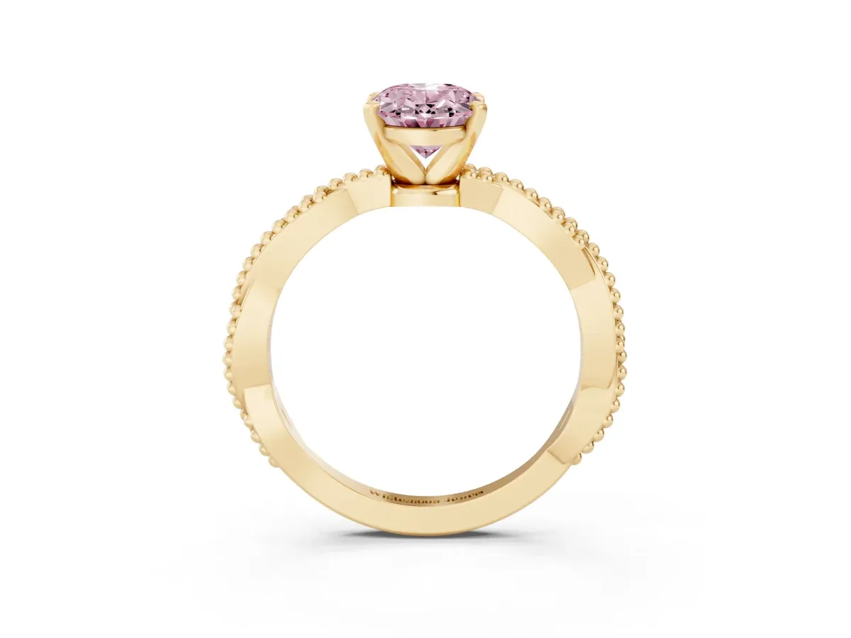 Fancy Pink Oval Cut Solitaire Twisted Band with Bead Prong Setting Yellow gold