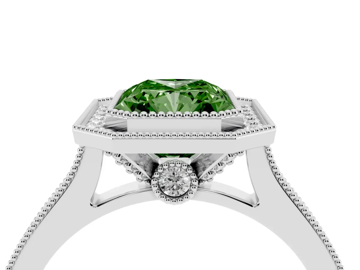 Fancy Green Halo Radiant Cut-Cut Diamond Pave Band Milgrain Prong Setting Ring Platinum