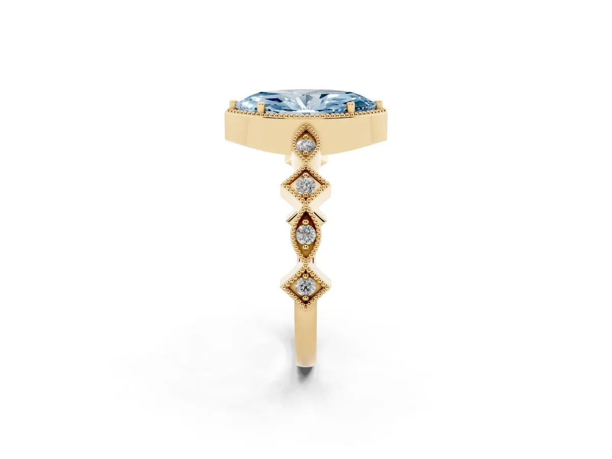 Fancy Blue Marquise Cut Milgrain Marquise Diamond Twist Band Ring Yellow gold