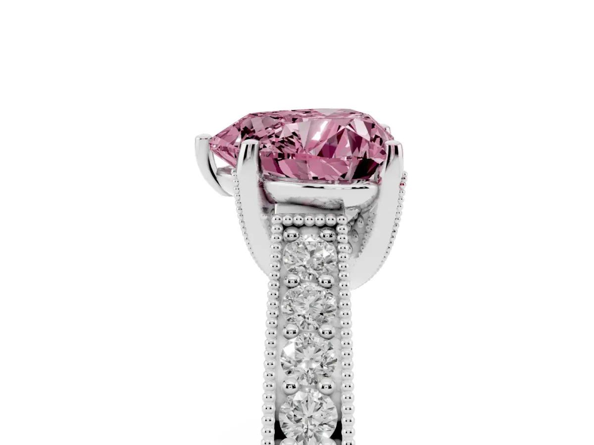 Fancy Pink Heart Cut Cut Diamond Solitaire Ring with Milgrain Pave Band and Four Prong Setting Silver