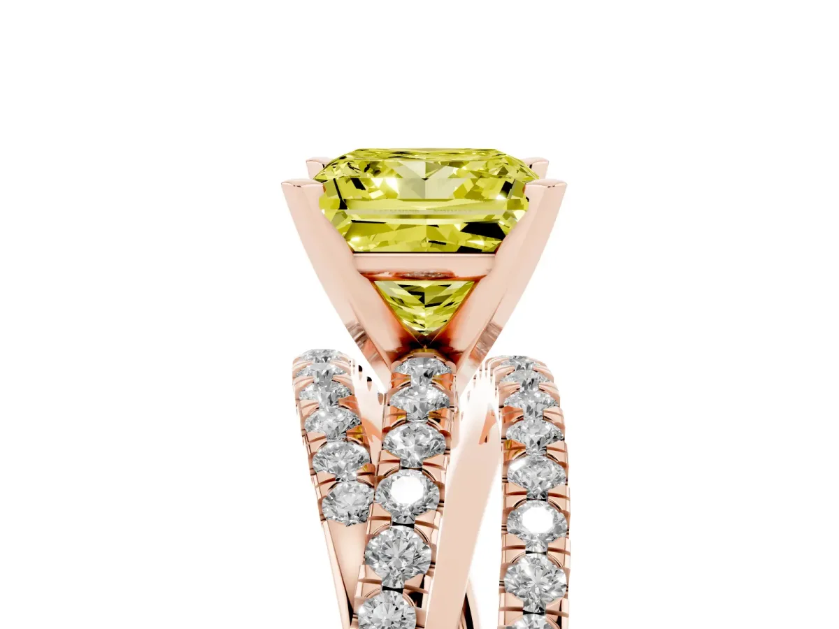 Fancy Yellow Princess Cut Solitaire Twist Band with Pavé Setting and Four-Prong Setting Rose gold