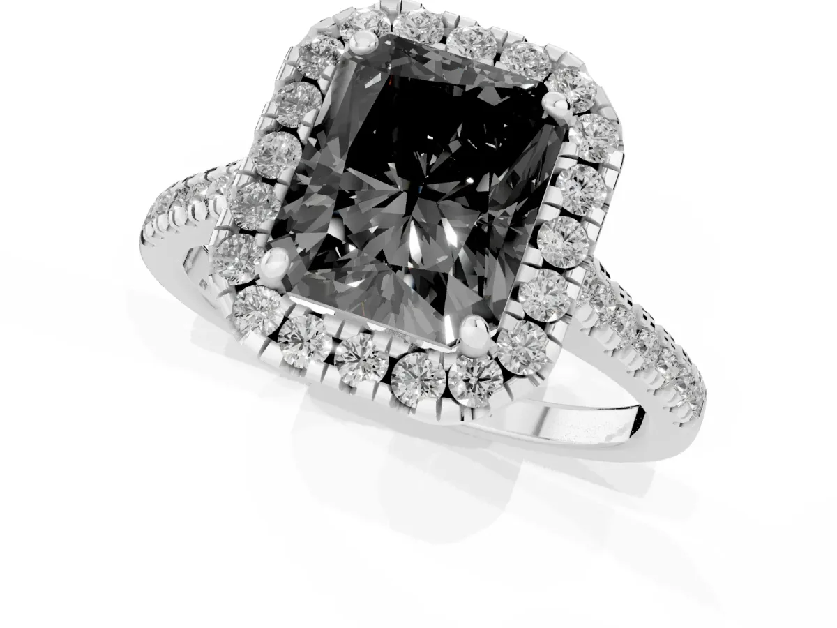 Fancy Black Radiant Cut Diamond Cushion Halo Ring with Pavé Band Silver