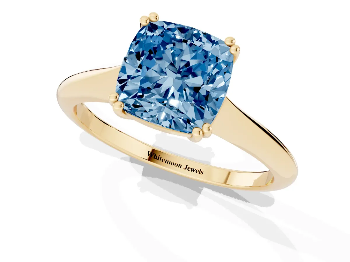 Fancy Blue Cushion Cut Solitaire Diamond Ring with Six-Prong Setting and Classic Band Yellow gold