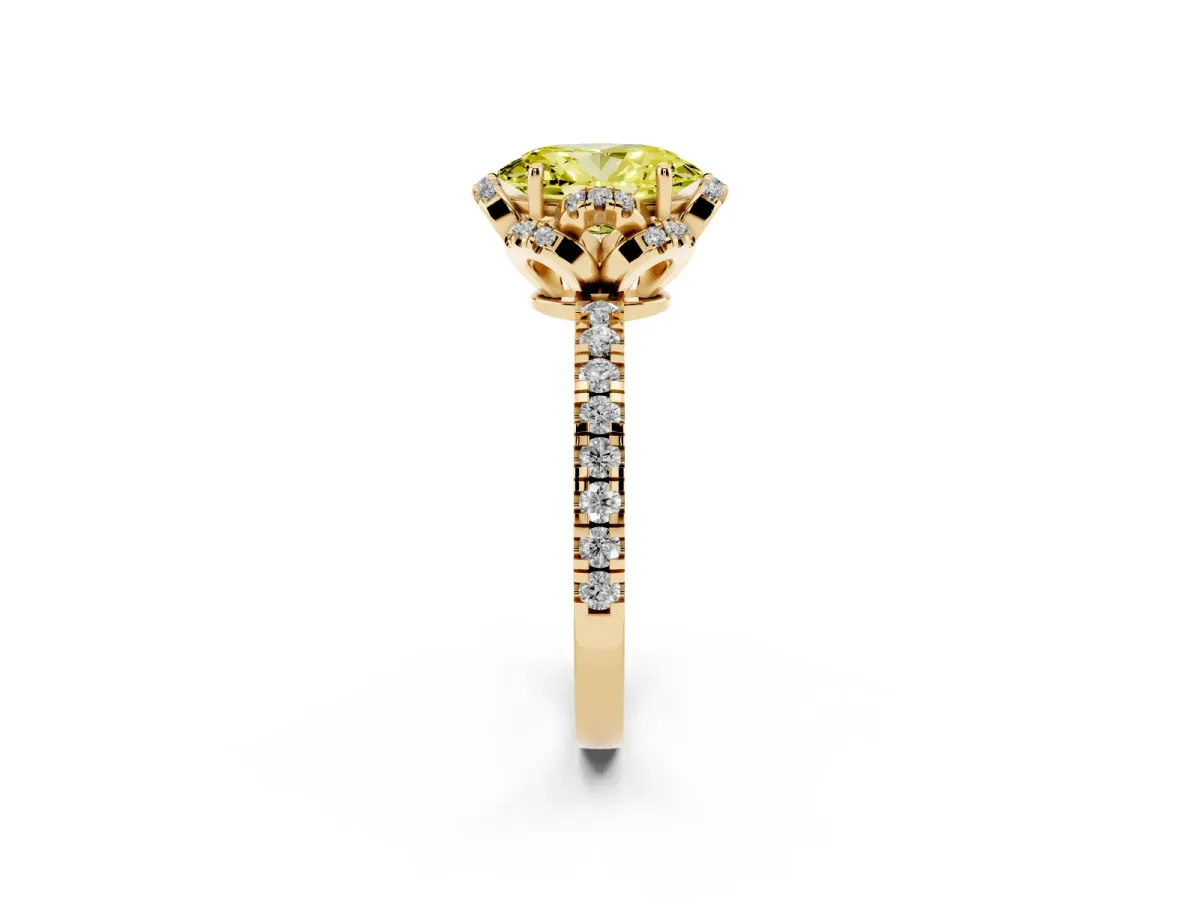 Fancy Yellow Oval Cut Diamond Halo Pave Band with Four-Prong Setting Yellow gold