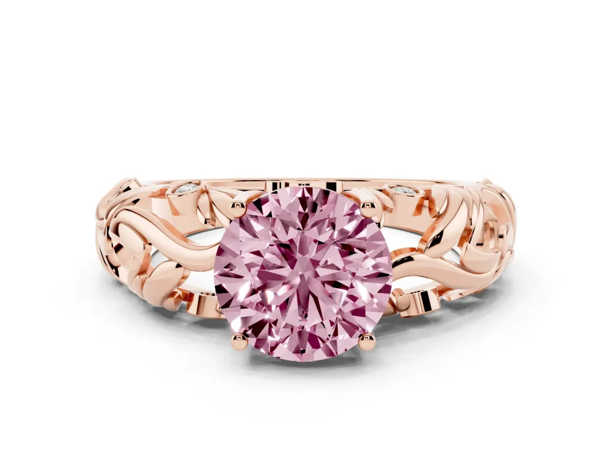 Fancy Pink Round Cut Solitaire Diamond Leaf-Inspired Vine Band Ring with Prong Setting Rose gold