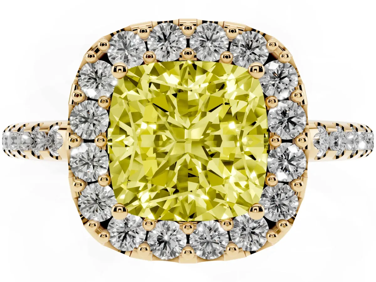 Fancy Yellow Cushion Cut Diamond Pavé Halo Ring with Four-Prong Setting Yellow gold