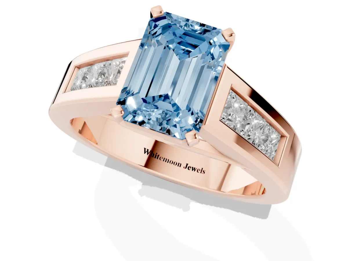 Fancy Blue Emerald Cut Cut Channel Set Solitaire Ring with Four-Prong Setting Rose gold