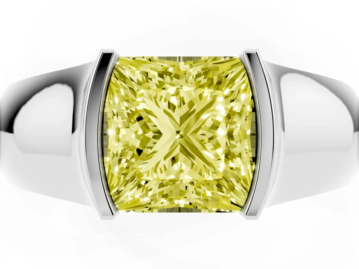 Fancy Yellow Princess Cut Solitaire Bezel Set Diamond Ring with Wide Band Platinum