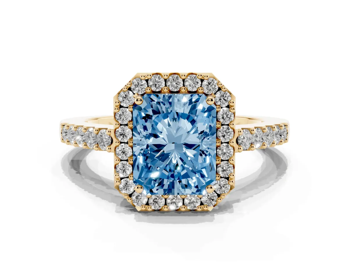 Fancy Blue Radiant Cut Halo Diamond Pavé Solitaire Ring Yellow gold