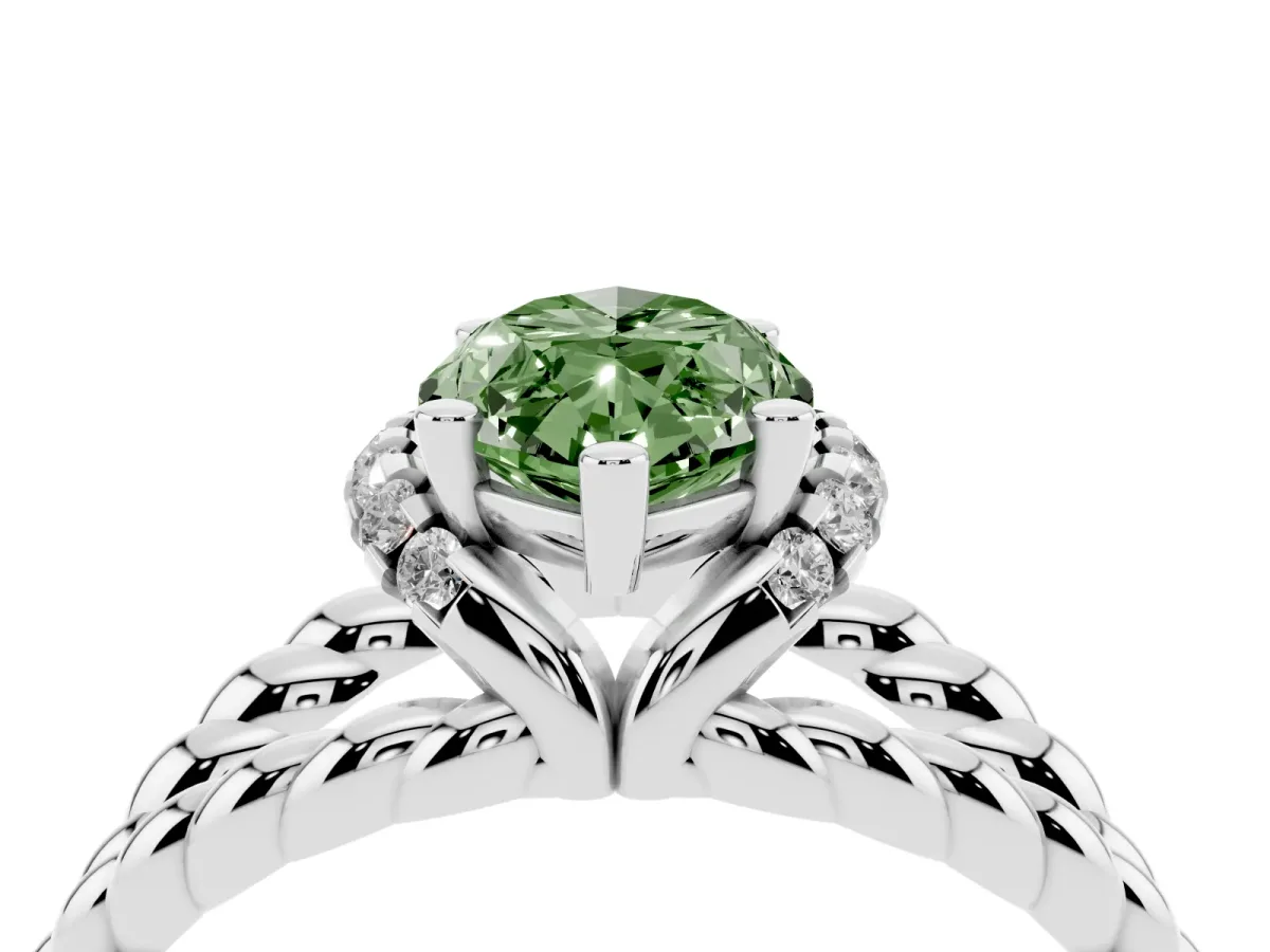 Fancy Green Marquise Cut Halo Twisted Band Four-Prong Ring Silver