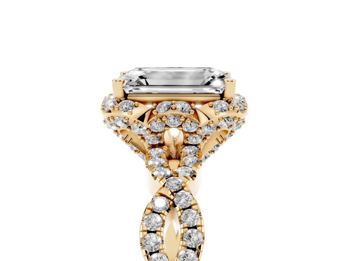 Emerald Cut Halo Twist Band Solitaire Ring with Six-Prong Setting Yellow gold