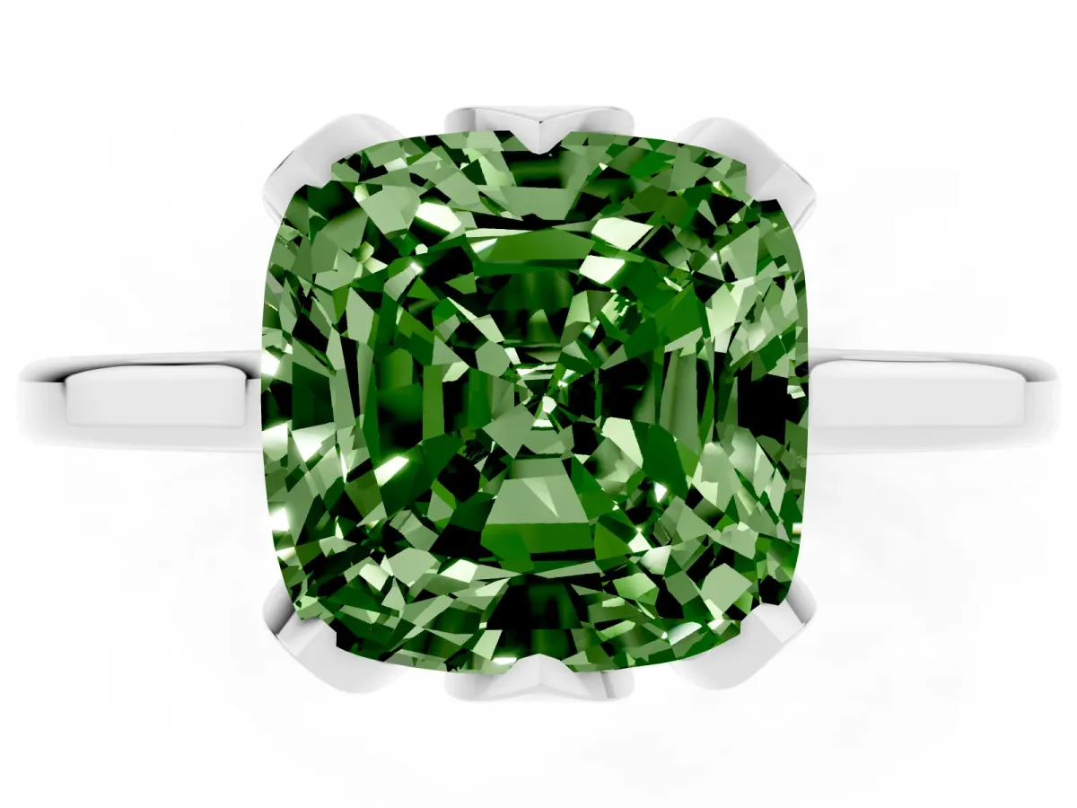 Fancy Green Cushion Cut Diamond Solitaire Ring with Flower Prong Setting and Classic Band Silver