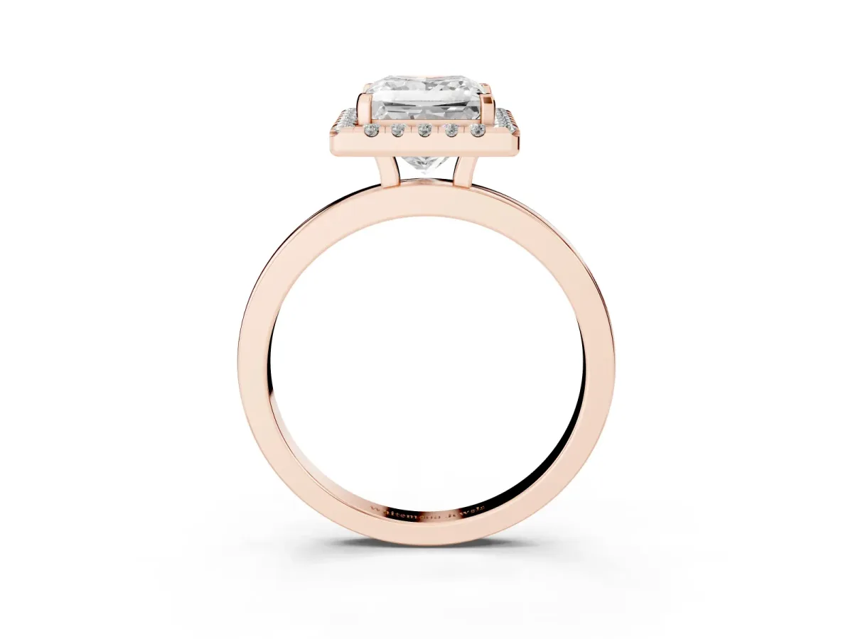 Princess Cut Halo Diamond Solitaire with Pavé Band and Four-Prong Setting Rose gold