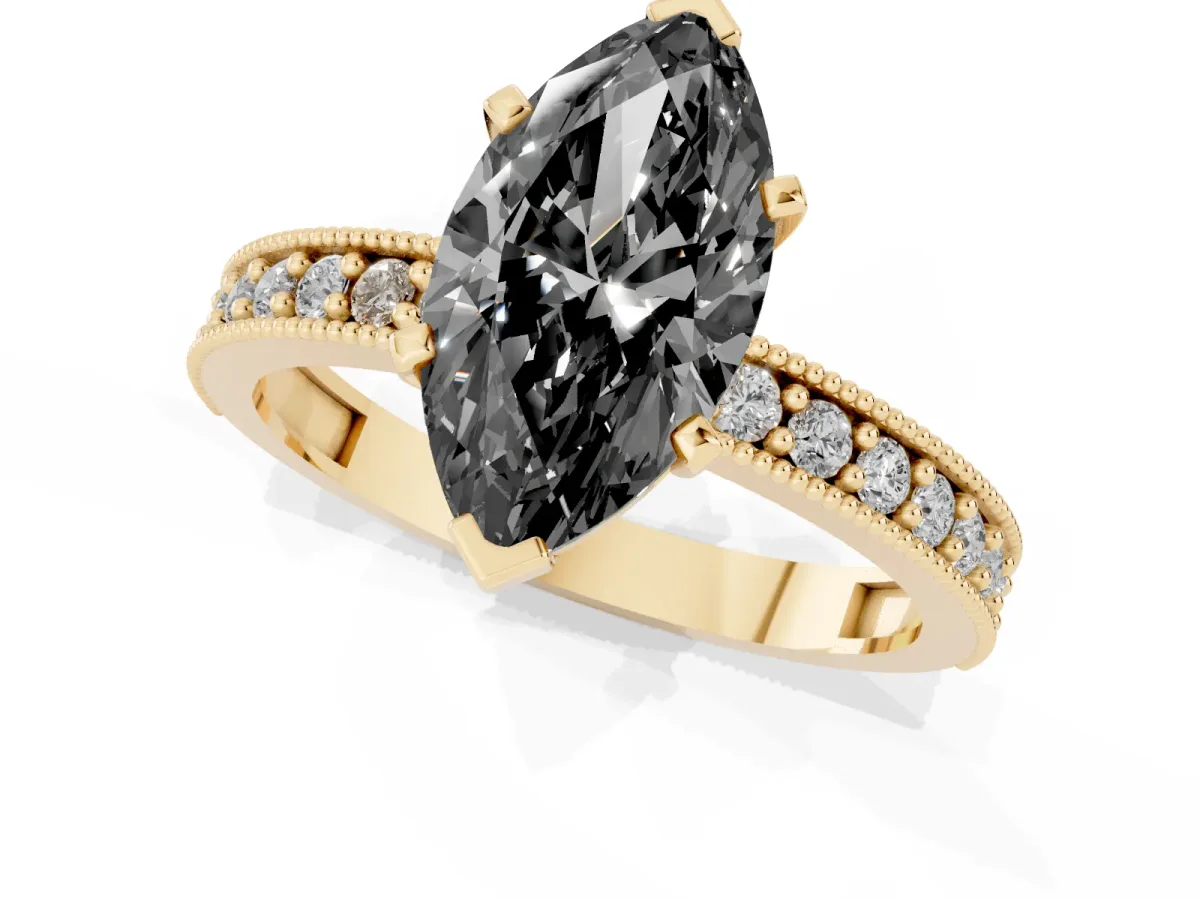 Fancy Black Marquise Cut Diamond Milgrain Pavé Engagement Ring with Four-Prong Setting Yellow gold