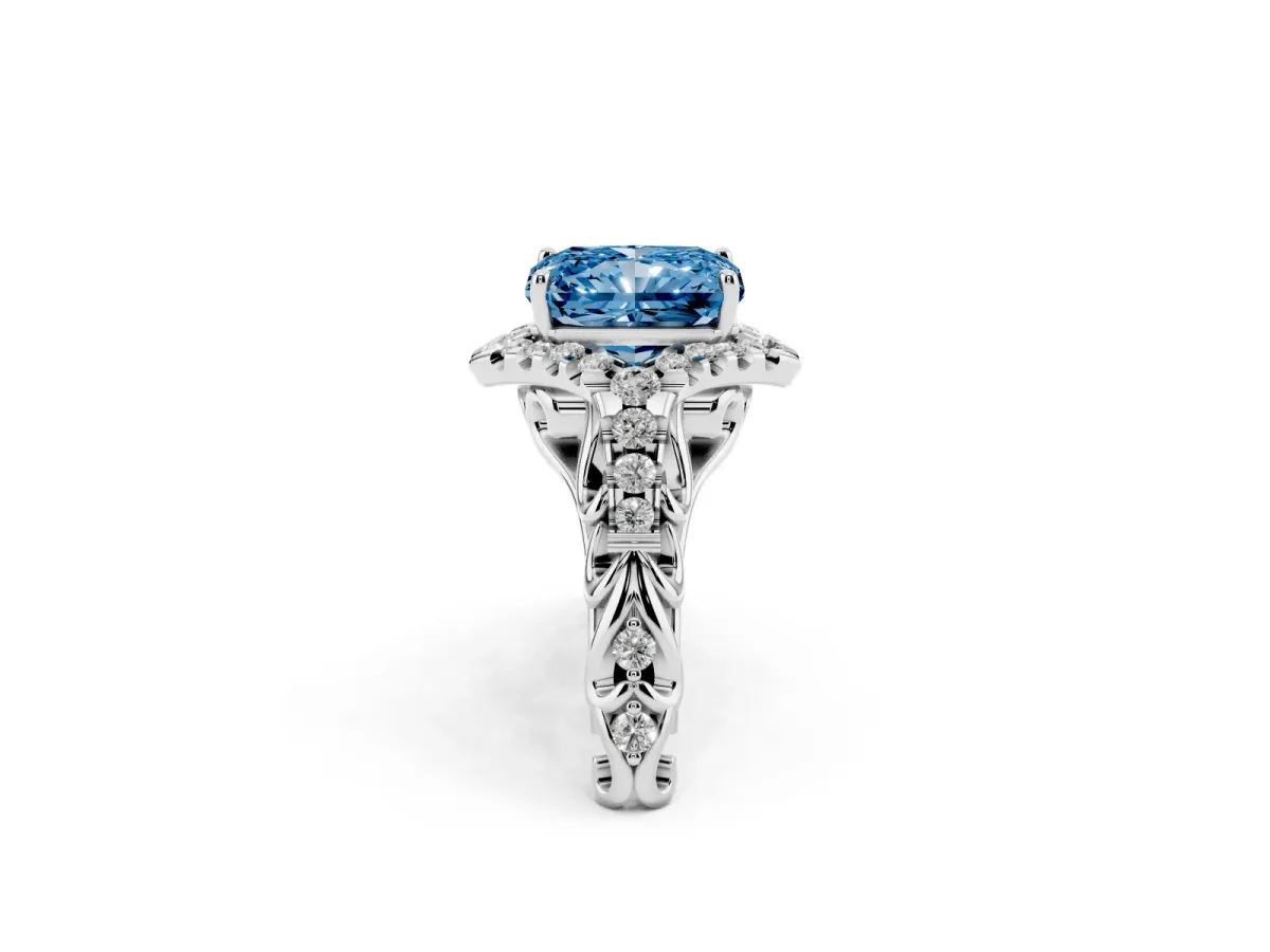 Fancy Blue Radiant Cut Diamond Solitaire Ring with Hidden Halo and Pavé Band White gold