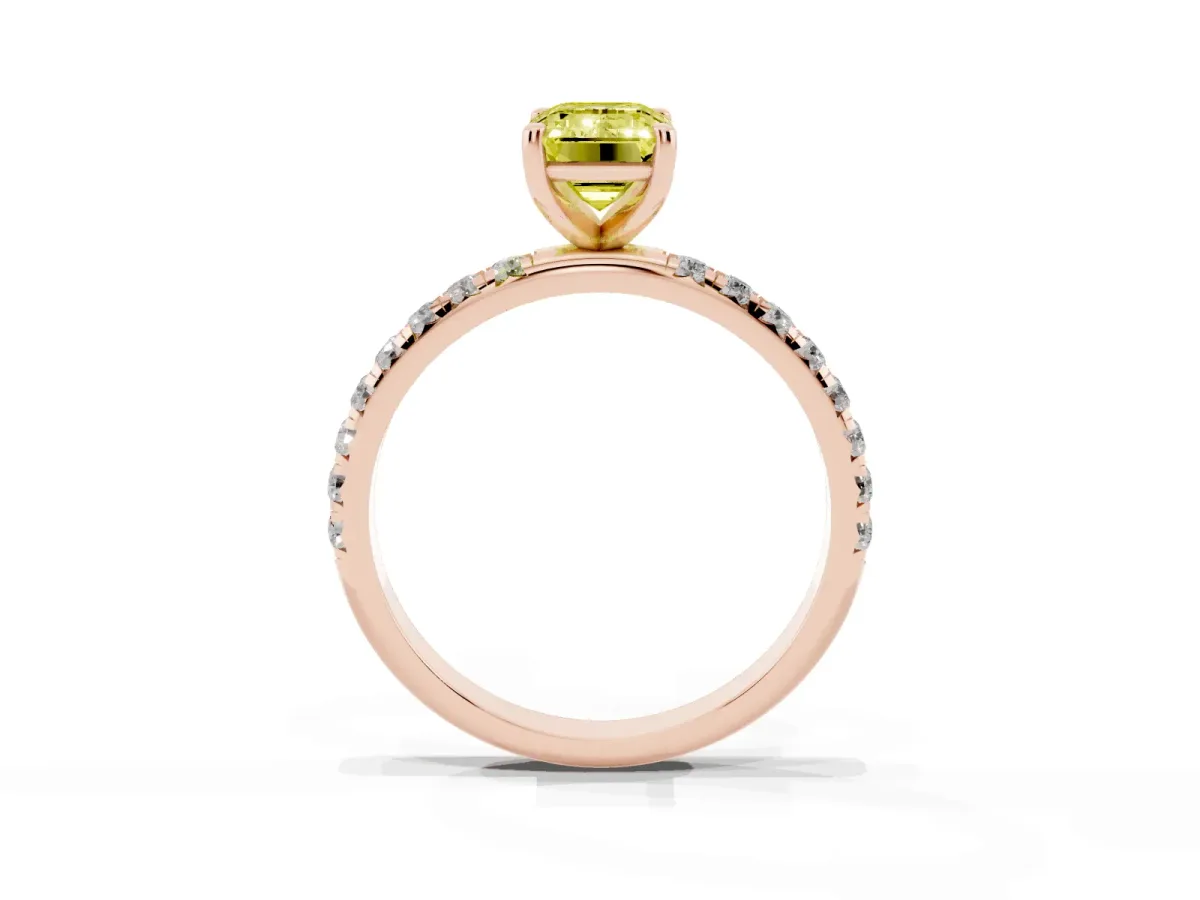Fancy Yellow Emerald Cut Cut Diamond Solitaire Ring with Micro Pave Band and Four Prong Setting Rose gold