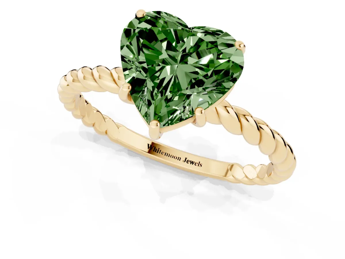 Fancy Green Heart Cut Solitaire Twist Band Ring with Four-Prong Setting Yellow gold