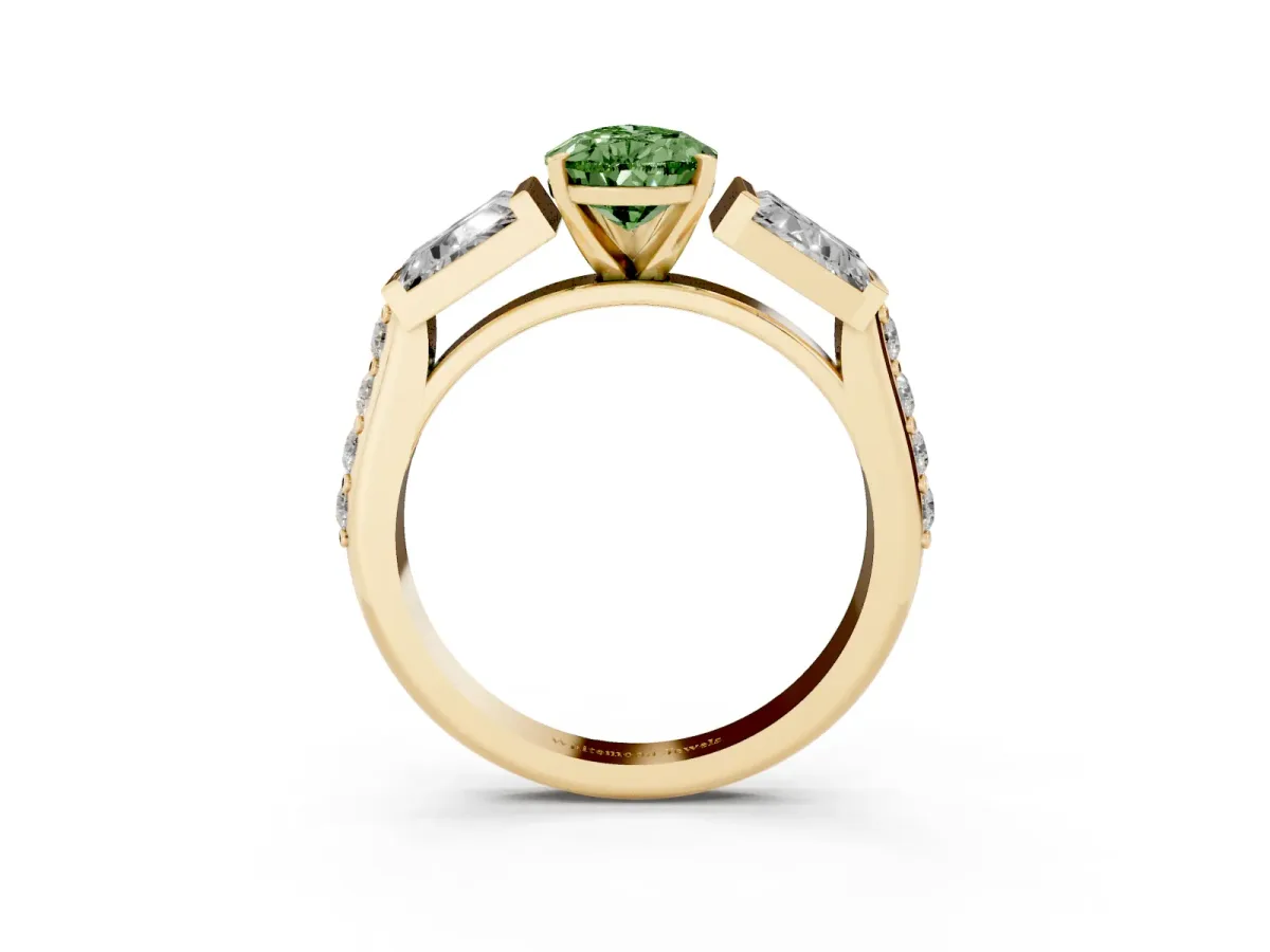 Fancy Green Pear Cut Diamond Engagement Ring with Baguette Side Stones and Channel Set Band Yellow gold