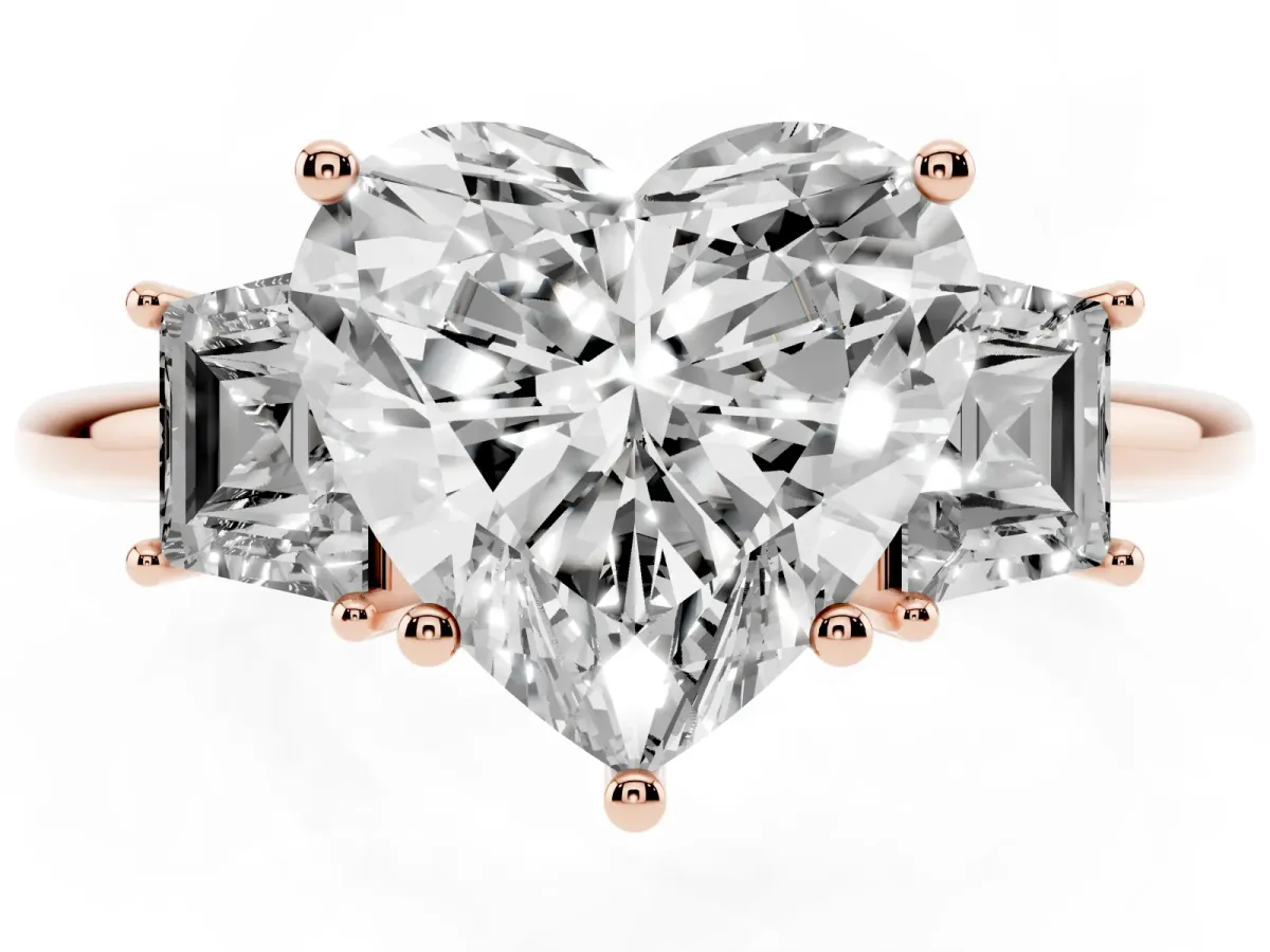 Heart Cut Diamond Three-Stone Ring with Trapezoid Side Stones and Prong Setting Rose gold