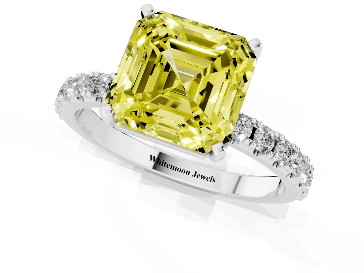 Fancy Yellow Asscher Cut Diamond Solitaire Pavé Band with Four-Prong Setting Silver