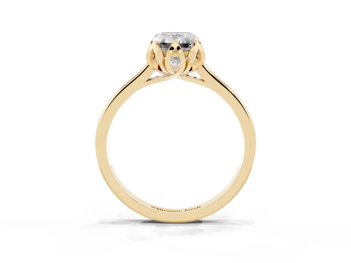 Emerald Cut Diamond Solitaire Ring with Flower Prong Setting and Classic Band Yellow gold