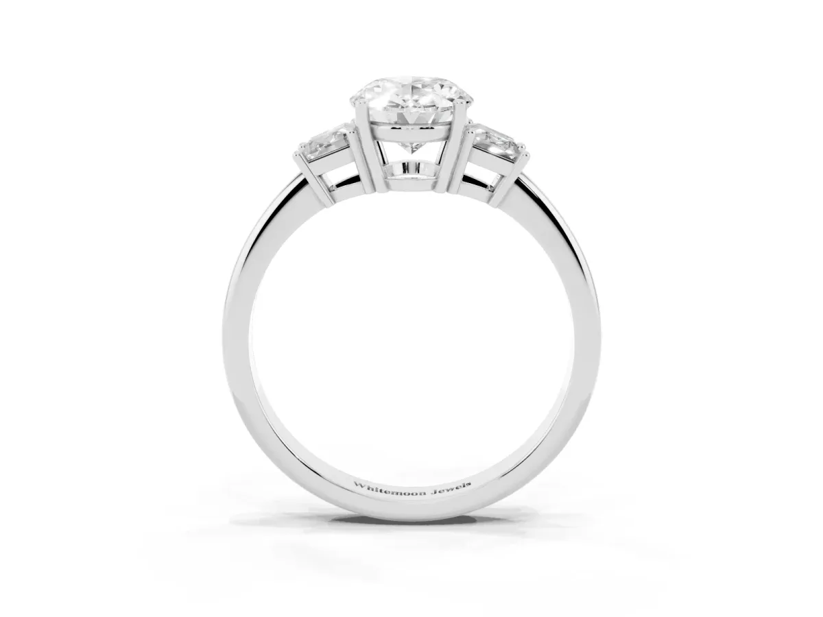 Oval Cut Diamond Three-Stone Ring with Trapezoid Side Stones and Prong Setting Platinum