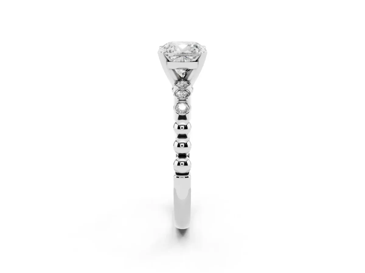 Cushion Cut Solitaire Bezel Accent Diamond Engagement Ring with Beaded Band and Four-Prong Setting Silver