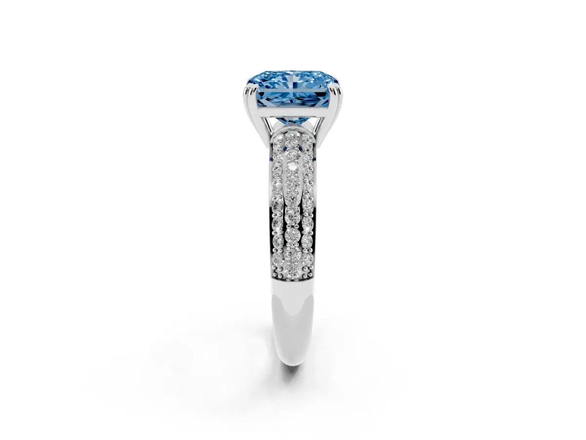 Fancy Blue Radiant Cut Diamond Solitaire Ring with Multi-Row Round Pavé Band and Prong Setting Silver