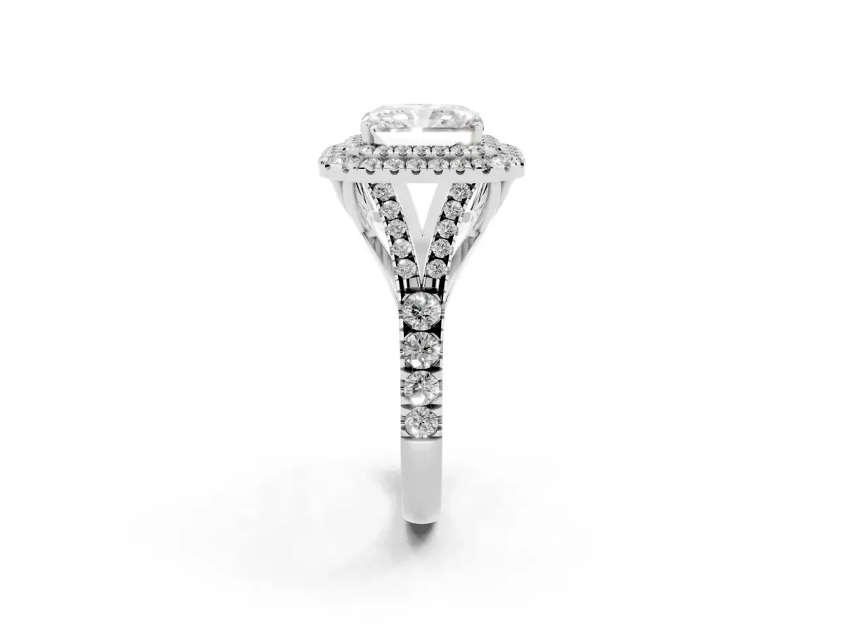 Radiant Cut Diamond Double Halo Ring with Split Shank and Prong Setting Platinum