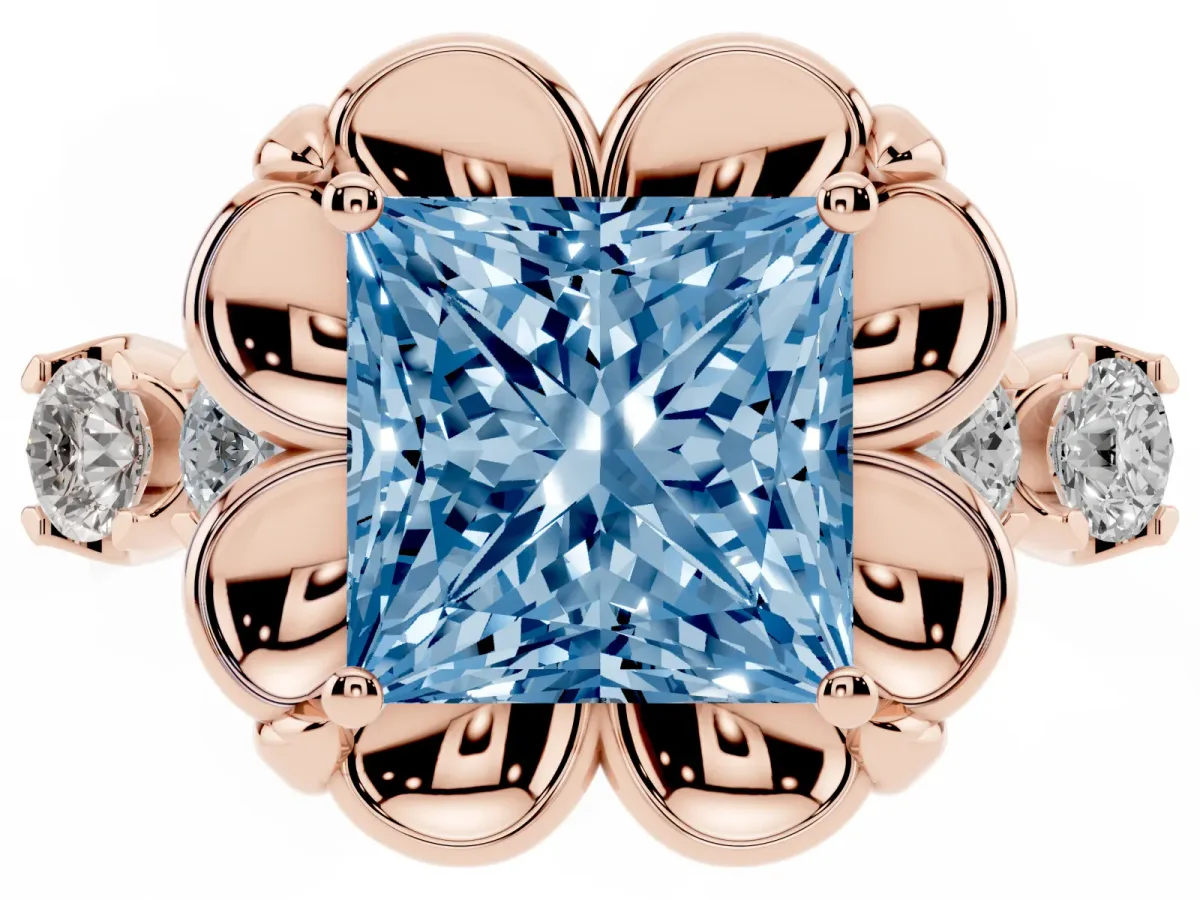 Fancy Blue Princess Cut Cut Diamond Floral Halo Engagement Ring with Shared Prong Setting Rose gold