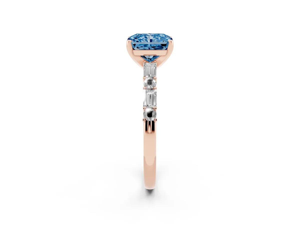 Fancy Blue Radiant Cut Diamond Solitaire with Side Baguettes and Channel Set Band Rose gold