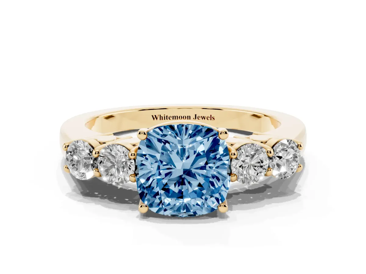 Fancy Blue Cushion Cut Cut Diamond Five-Stone Prong Set White Gold Ring Yellow gold