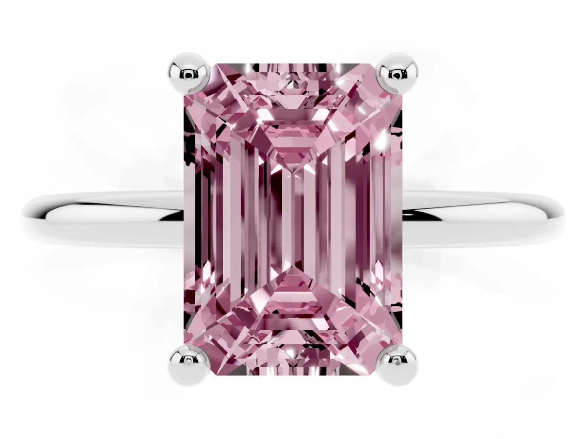 Fancy Pink Emerald Cut Solitaire Diamond Ring with 4-Prong Setting on a Classic Band Silver