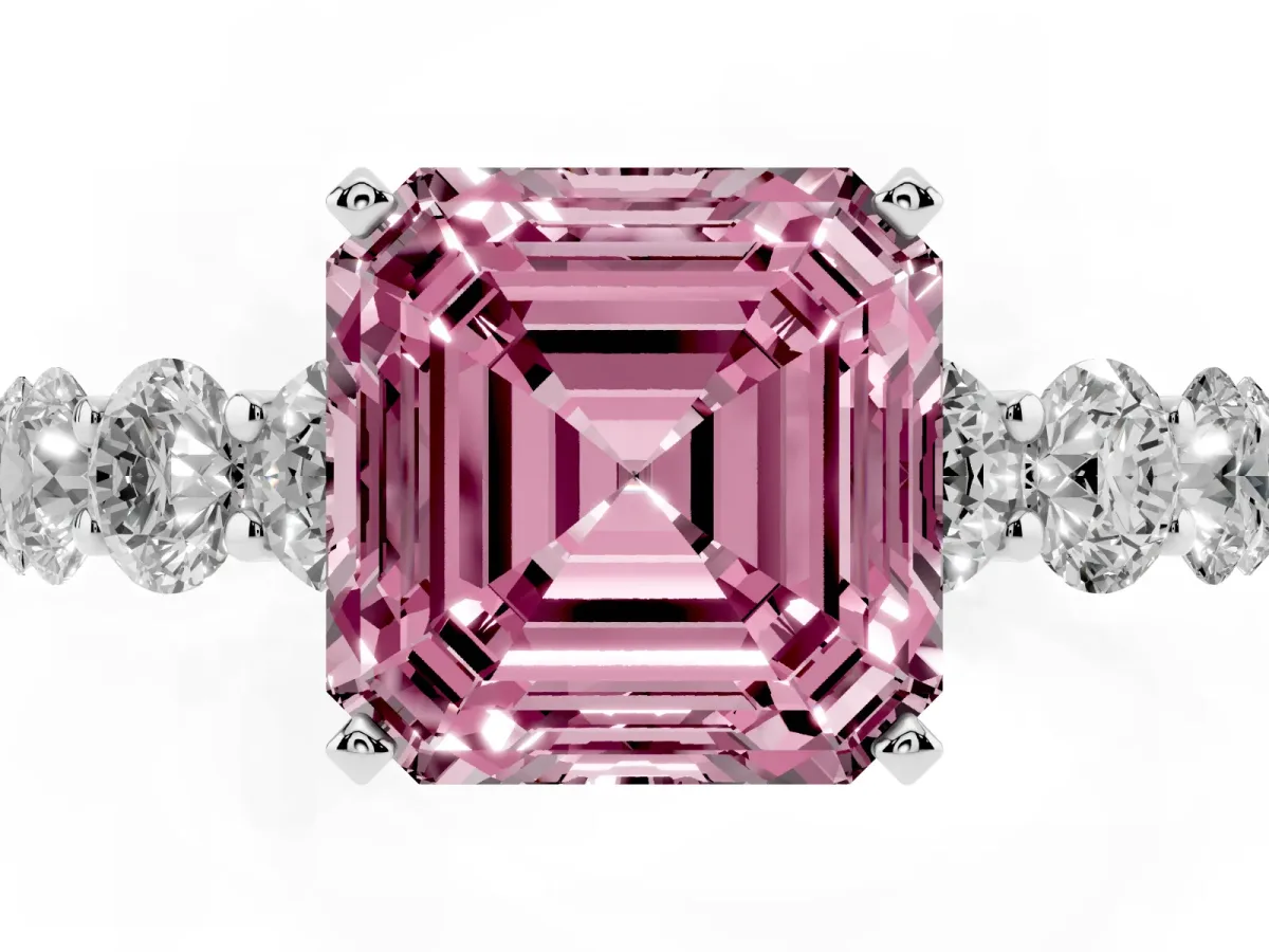 Fancy Pink Asscher Cut Diamond Prong Setting with Side Stones on a Pave Band Silver