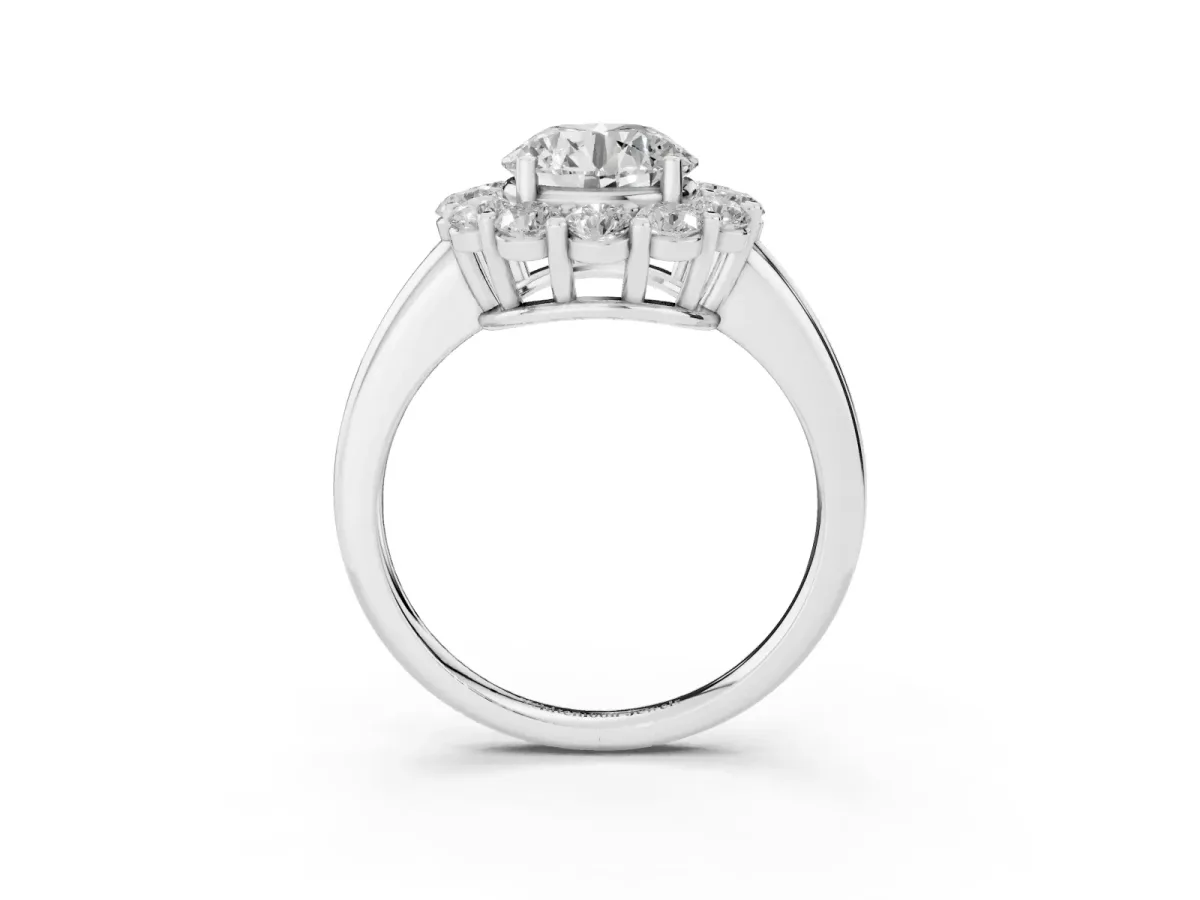 Round Cut Halo Cluster Diamond Engagement Ring with Prong Setting and Polished Band Silver