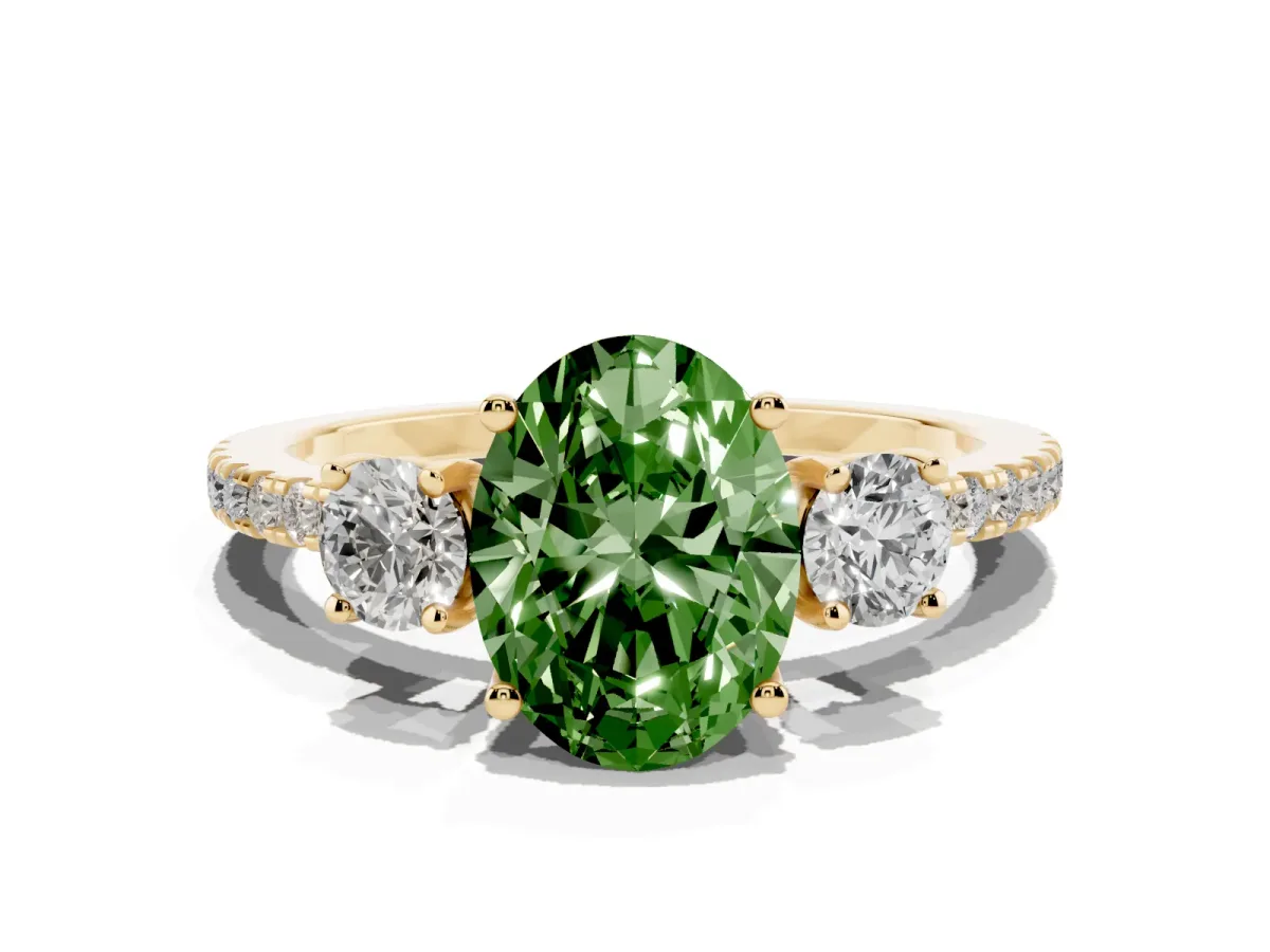 Fancy Green Three-Stone Oval Cut Cut Diamond Pavé Band with Prong Setting Yellow gold