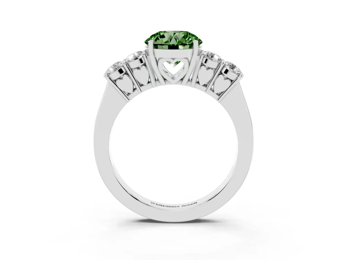 Fancy Green Round Cut Cut Diamond Five-Stone Prong Set White Gold Ring Silver